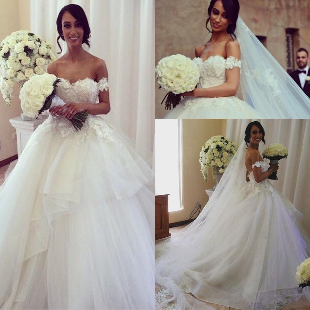 Pageant Off Shoulder Lace Appliqued Ball Gown Wedding Dresses