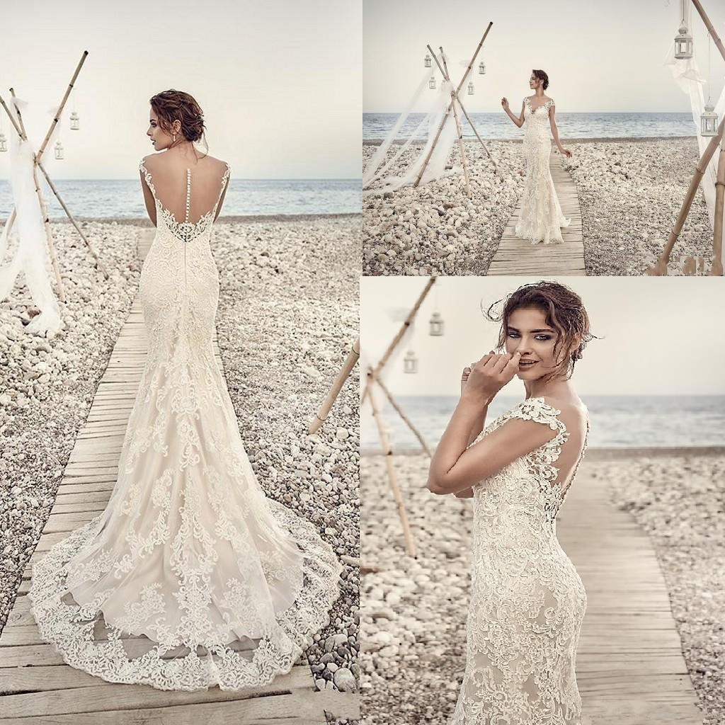 Modern Arabic Mermaid Sheath Wedding Dresses Illusion Cap Sleeves