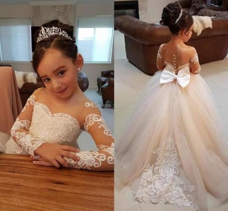 White Ivory Lace Applique Kids Tutu Flower Girl Dresses Long
