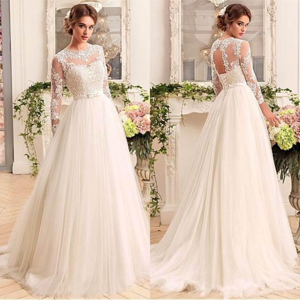 Charming Long Sleeve O Neck Cheap Wedding Dresses Tulle Gowns