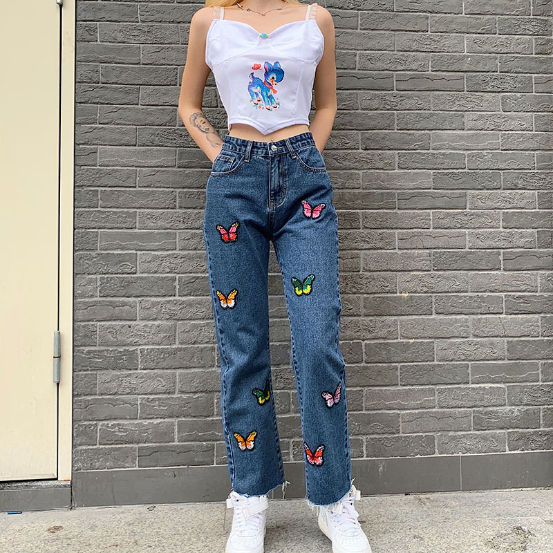 2021 High Waist Print Denim Pants Women Baggy Loose Jeans Casual Blue ...